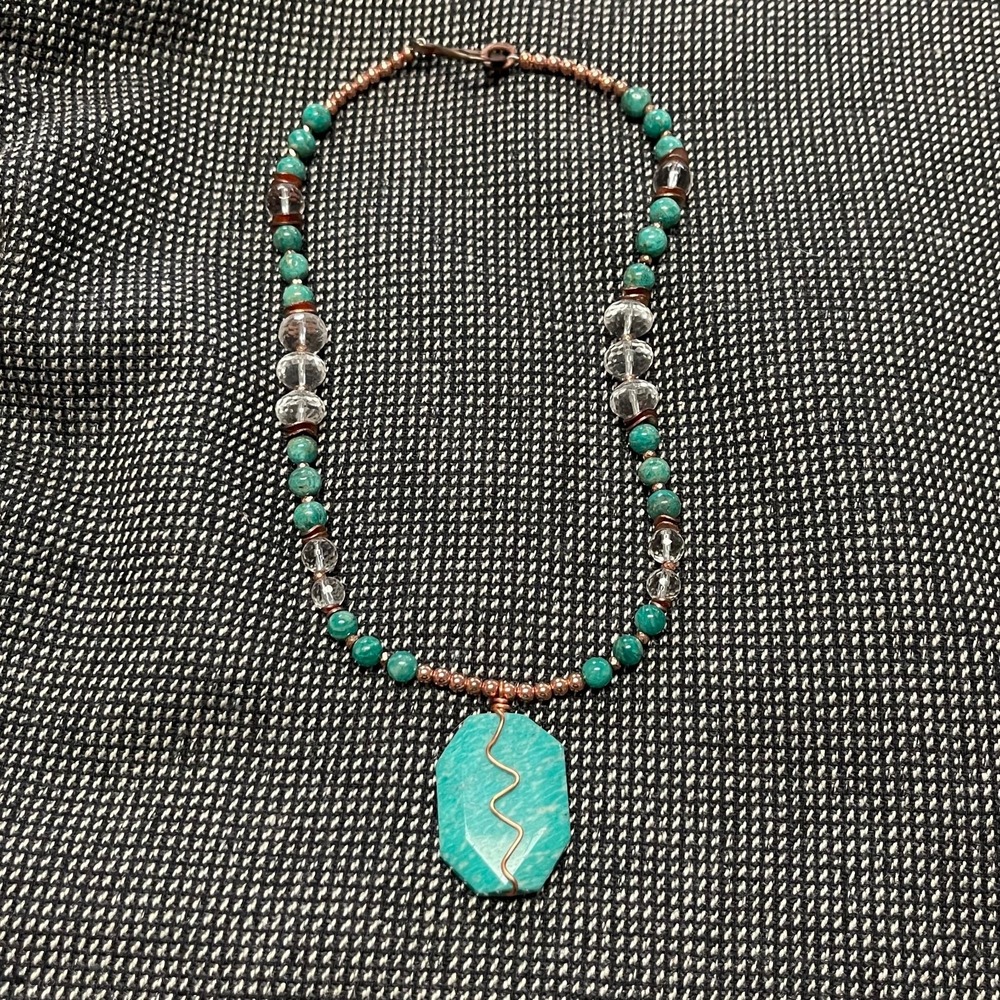 Amazonite Pendant Wrapped in Copper with African Turquoise & Quartz Necklace 16"